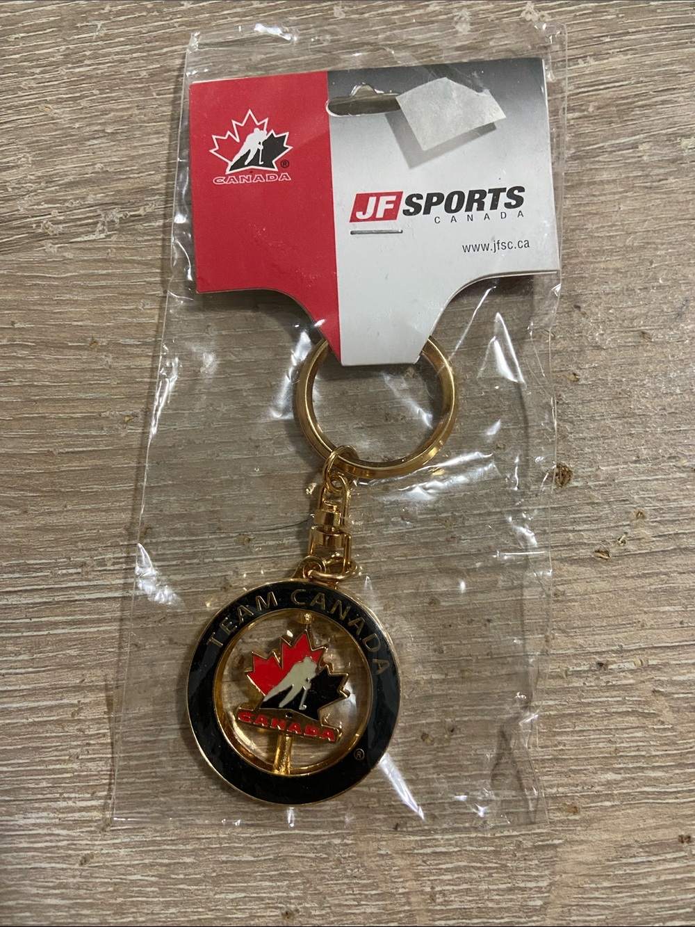 Vintage JF Sports Canada Team Canada Gold Keychain with Red Maple Leaf